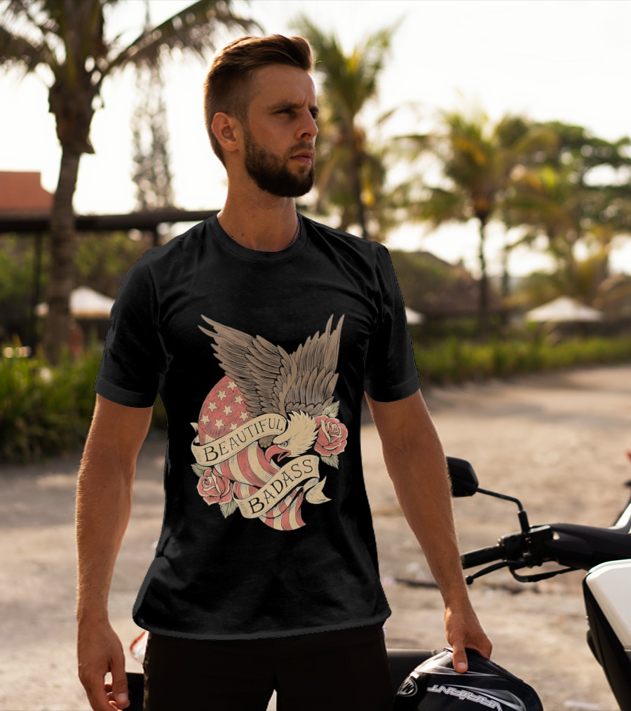 Beautiful Badass Eagle With American Flag And Roses T-Shirt