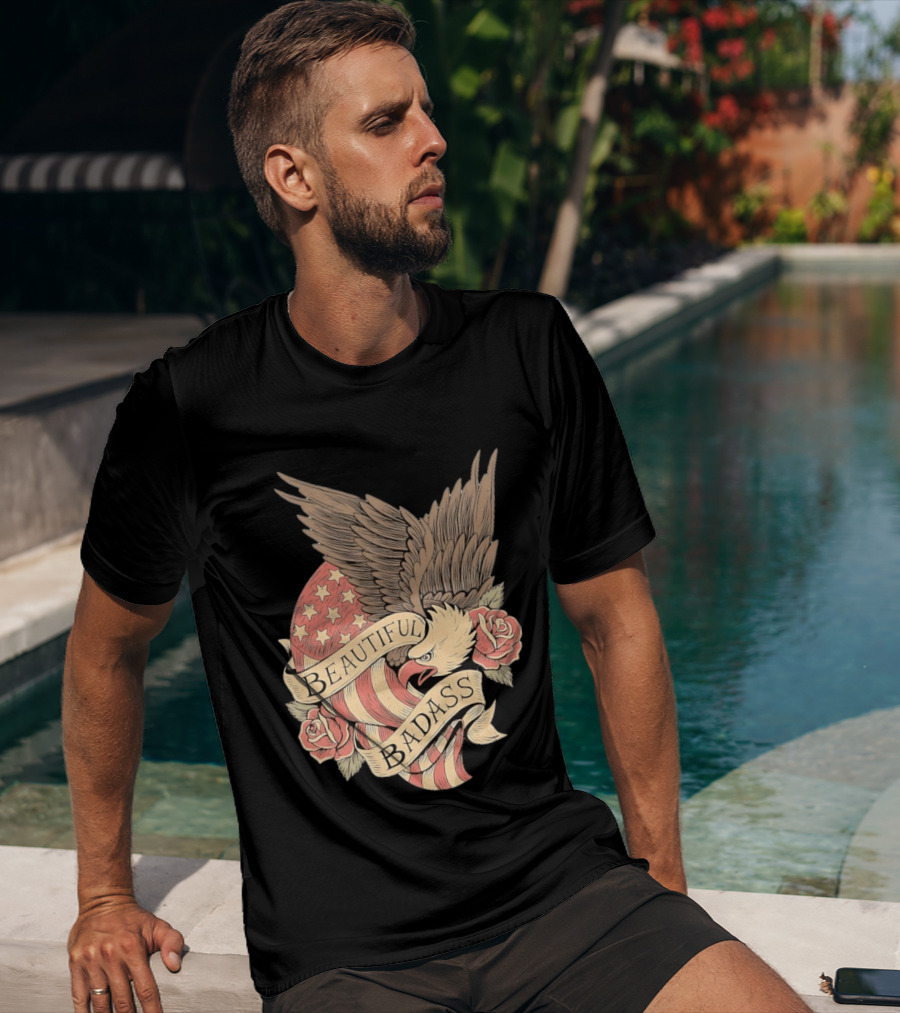 Beautiful Badass Eagle With American Flag And Roses T-Shirt