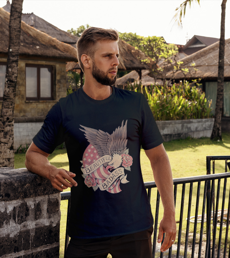 Beautiful Badass Eagle With American Flag And Roses T-Shirt