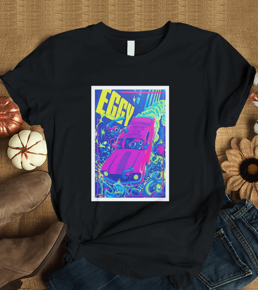 Eggy March 8 2026 The Burl Show Retro Neon Car Adventure T-Shirt