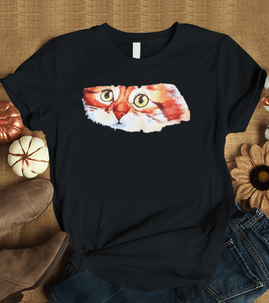Watercolor Ginger Cat Face Green Eyes Close Up T-Shirt