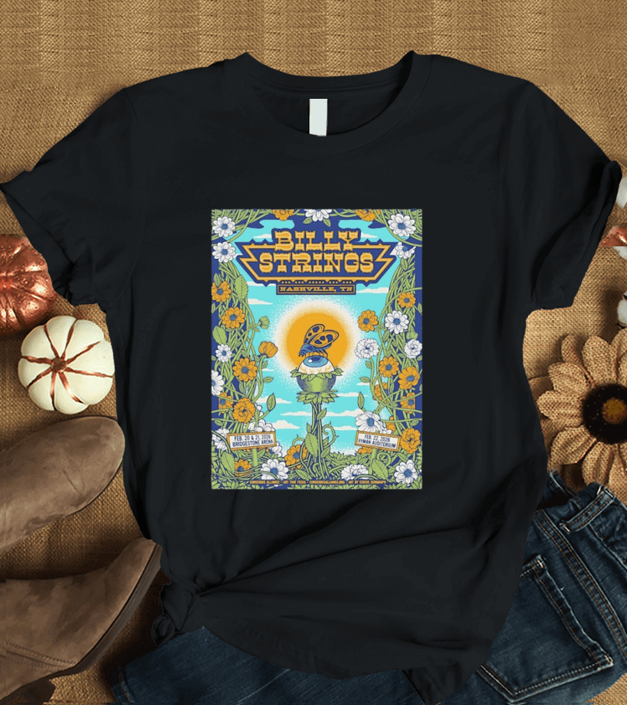 Billy Strings Nashville TN Bridgestone Arena Ryman Auditorium February 2026 Butterfly Flowers T-Shirt