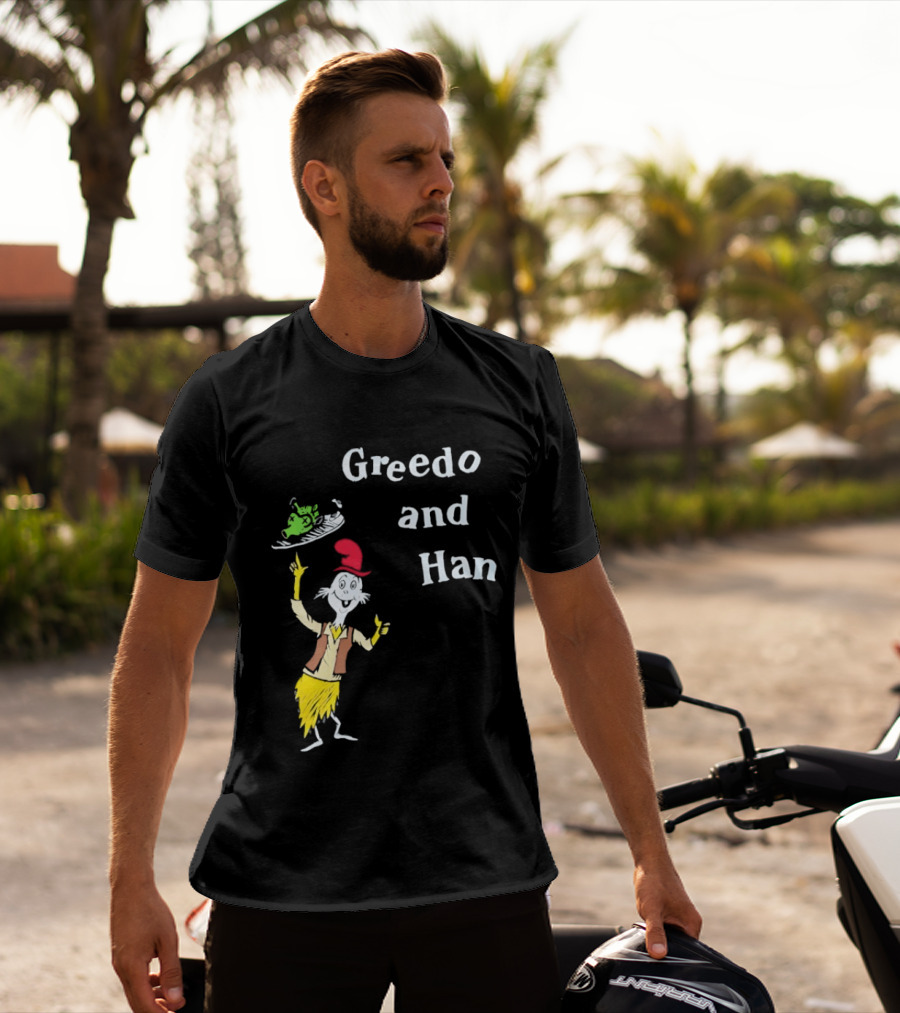 Greedo And Han Whimsical Cartoon Character Balancing Act T-Shirt