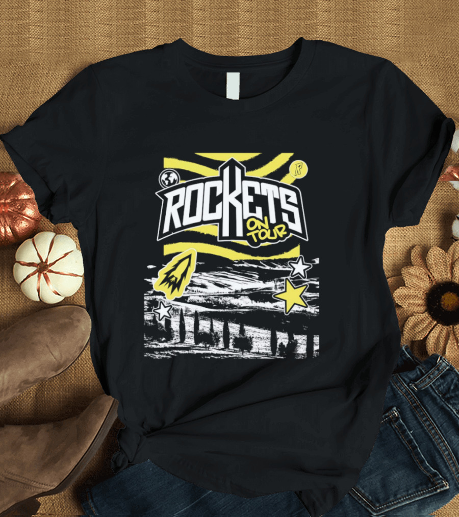 Rockets On Tour Bold Text With Yellow Stars And Rocketship T-Shirt