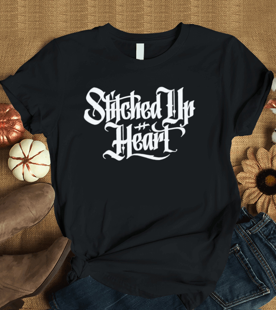 Stitched Up Heart Band Merchandise Gothic Lettering T-Shirt