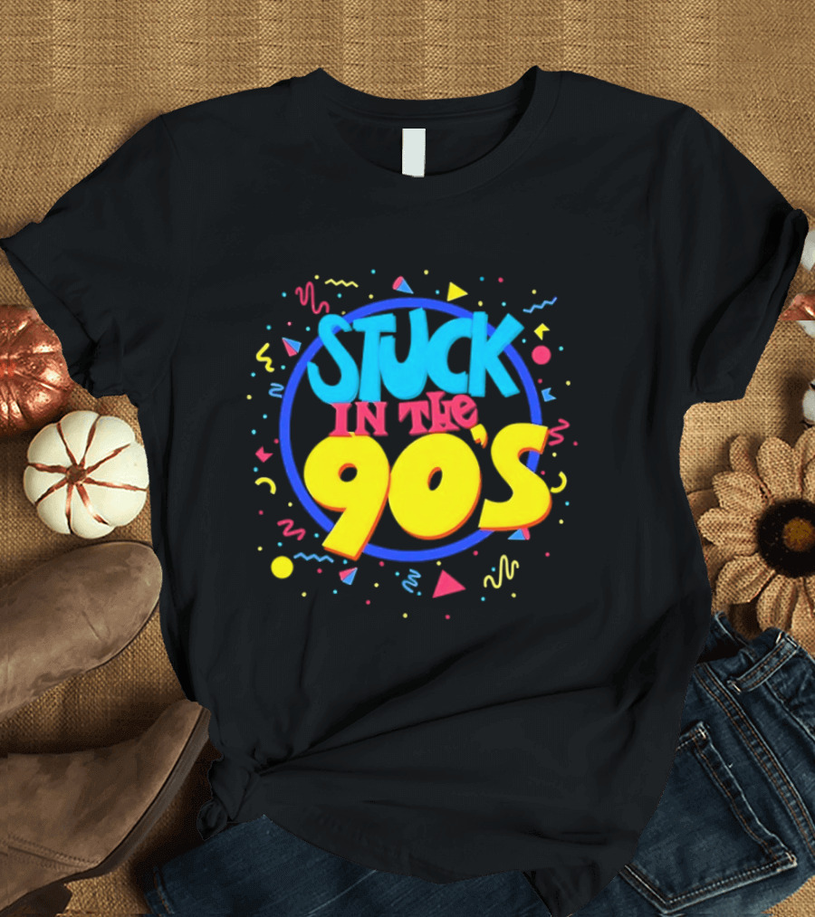 Stuck In The 90s Colorful Retro Vibes With Bold Typography And 90s T-Shirt