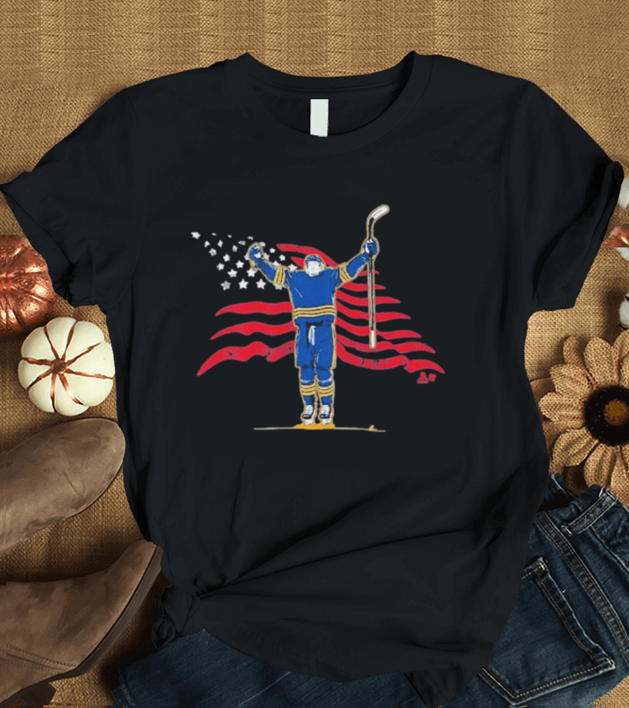 Tage Thompson Stars Stripes Hockey Celebration Pose T-Shirt