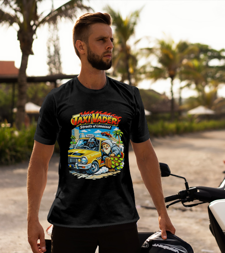 Taxi Vader Streets Of Limassol Adventure With Iconic Characters And Yellow Cab In Cityscape T-Shirt