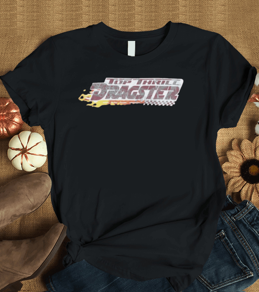 Top Thrill Dragster Flames And Racing Checkered Accents T-Shirt