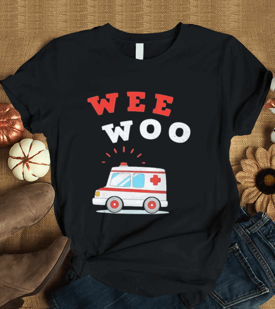 Wee Woo Cartoon Ambulance Emergency Vehicle Rescue Red And White T-Shirt