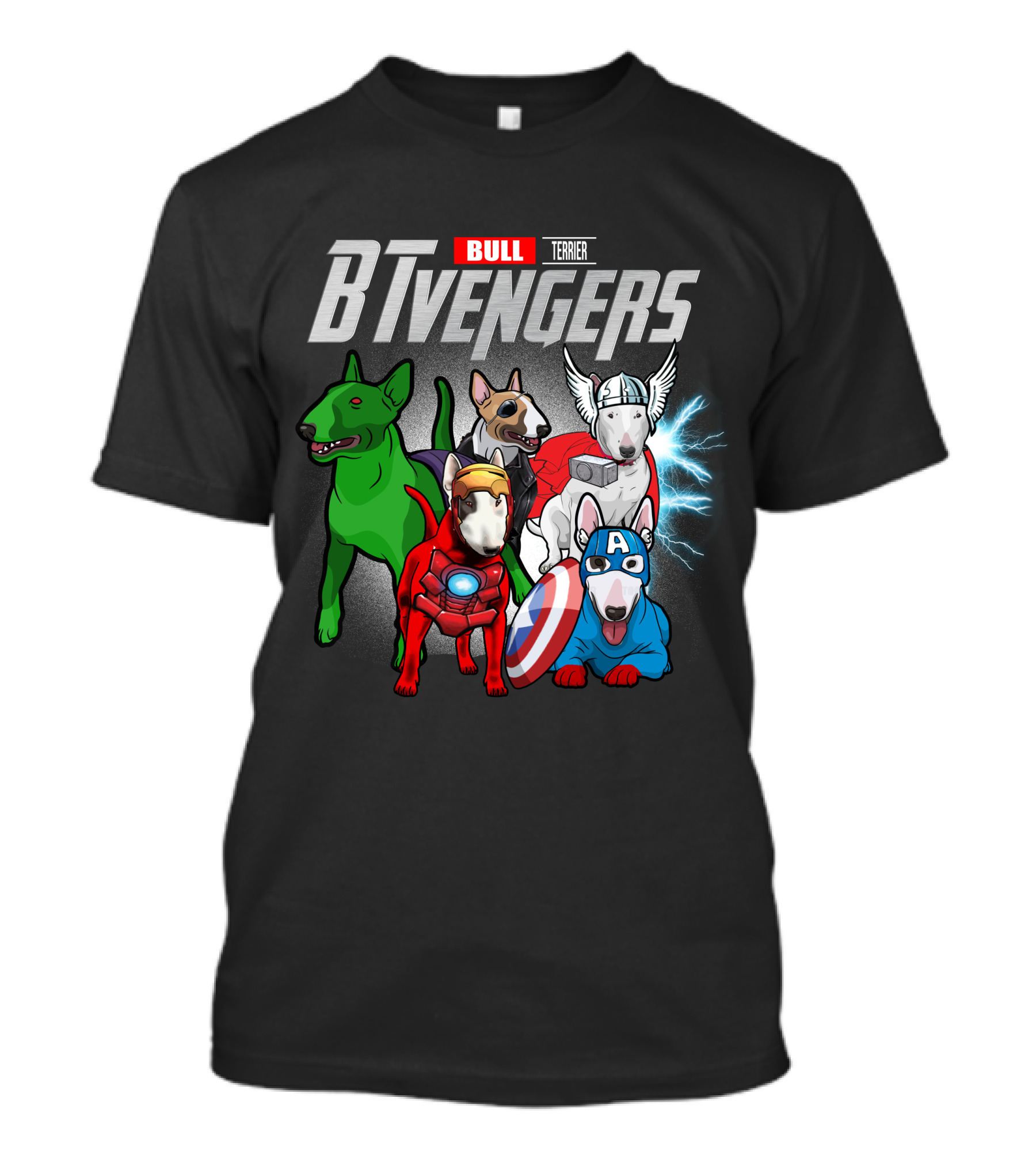 Bull Terrier BTvengers Superhero Dogs Ensemble T-Shirt