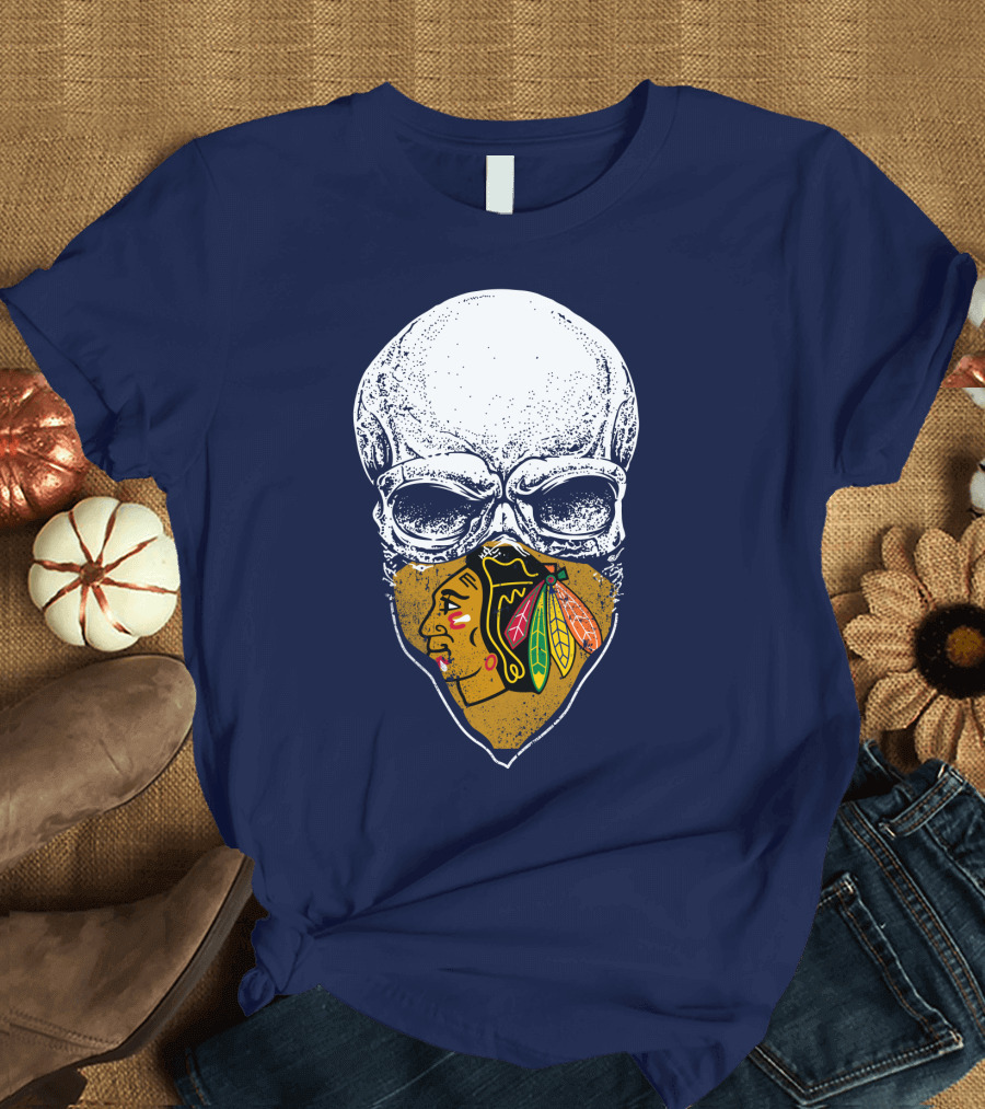 Skull with Native American Mask Blackhawks Logo Inspired T-Shirt