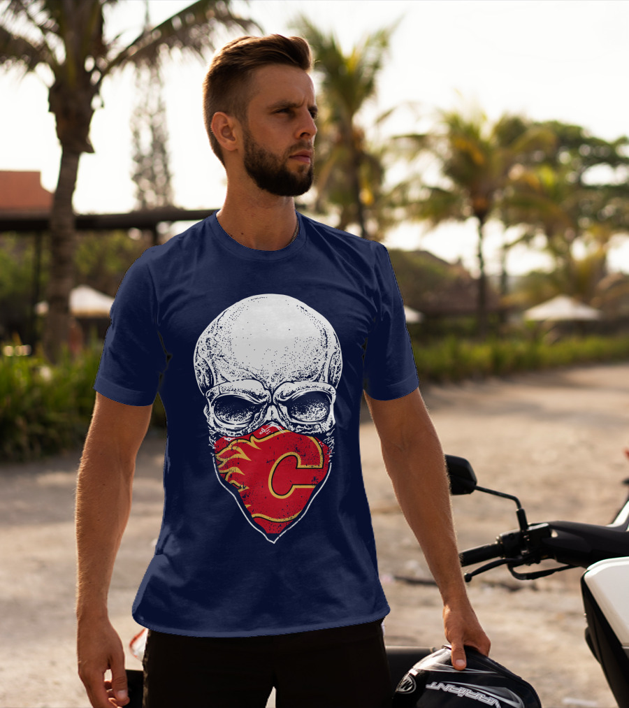 Skull With Calgary Flames Logo Facemask T-Shirt