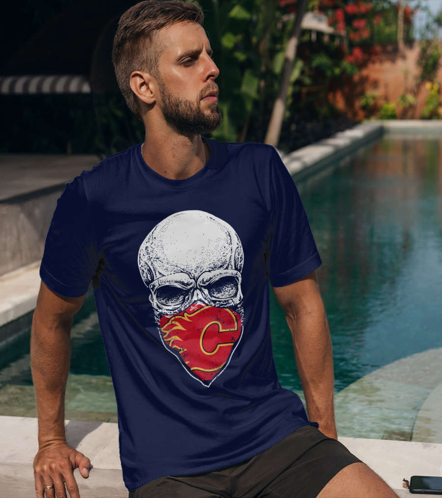 Skull With Calgary Flames Logo Facemask T-Shirt