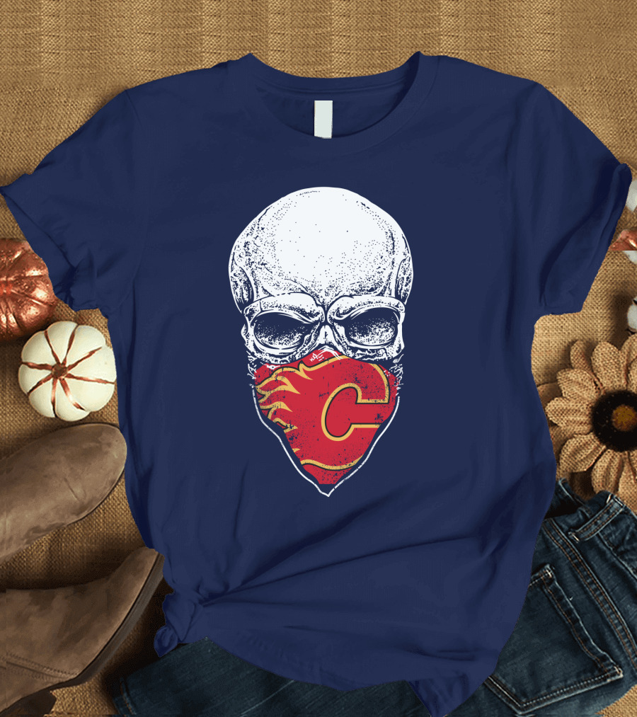 Skull With Calgary Flames Logo Facemask T-Shirt