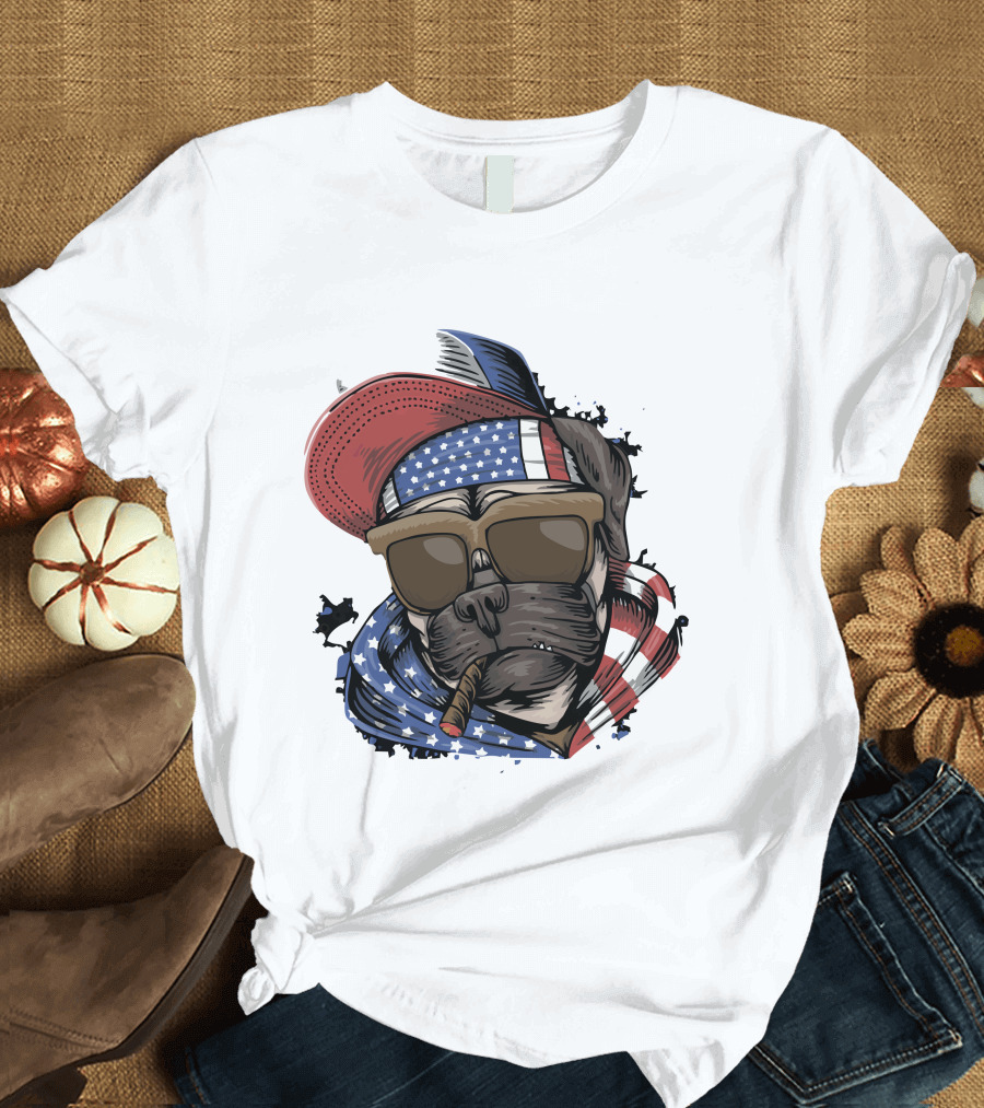 Pit Bull Boss American Flag Sunglasses Bandana Cigar Cool Dog T-Shirt