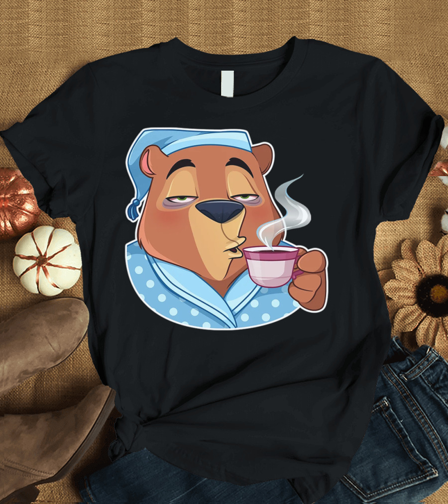 Sleepy Bear in Pajamas Sipping Coffee Relaxed Morning Vibes 'NiceTee' T-Shirt