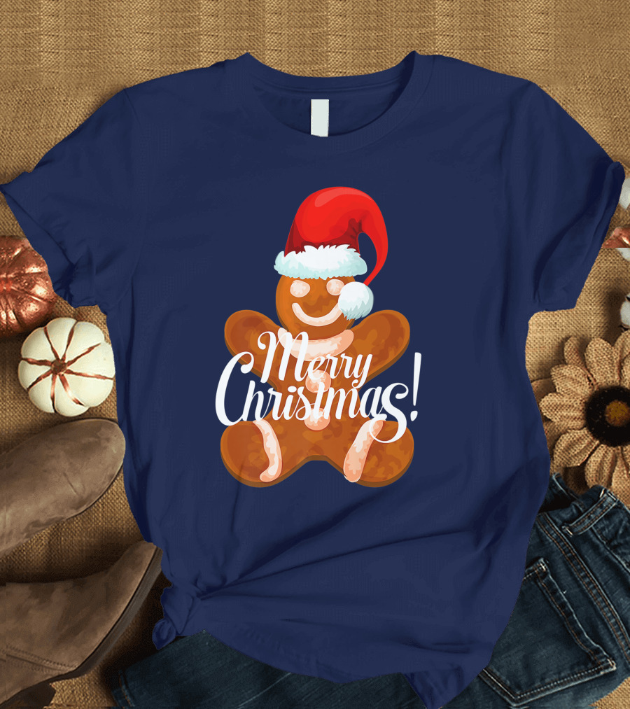 Merry Christmas Gingerbread with Santa Hat T-Shirt