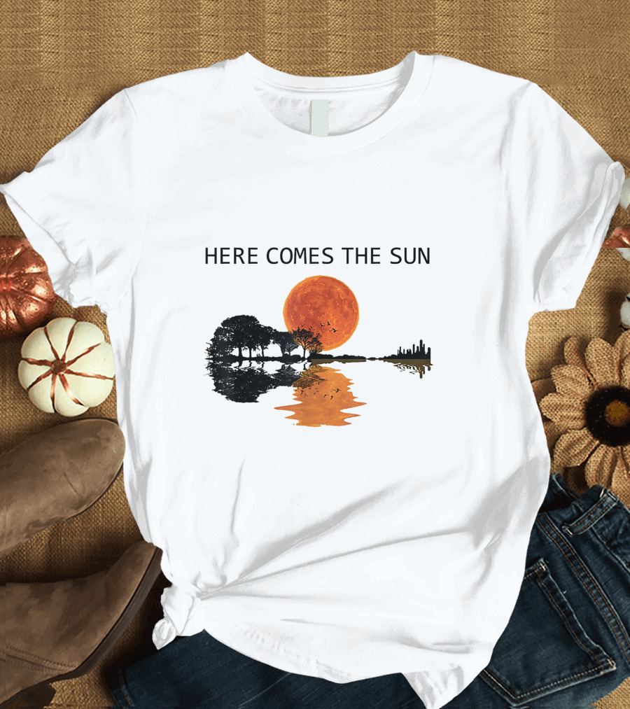 Here Comes The Sun Guitar Shadow Sunset Tree Reflection T-Shirt