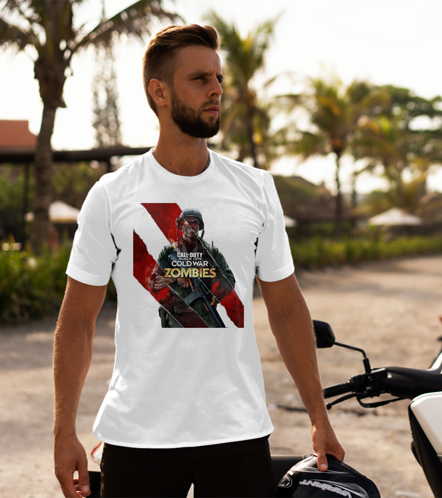 Call Of Duty Black Ops Cold War Zombies Soldier With Gun And Red Torn Stripes T-Shirt