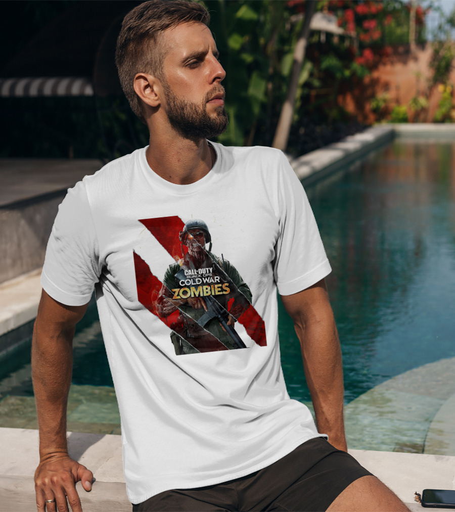 Call Of Duty Black Ops Cold War Zombies Soldier With Gun And Red Torn Stripes T-Shirt