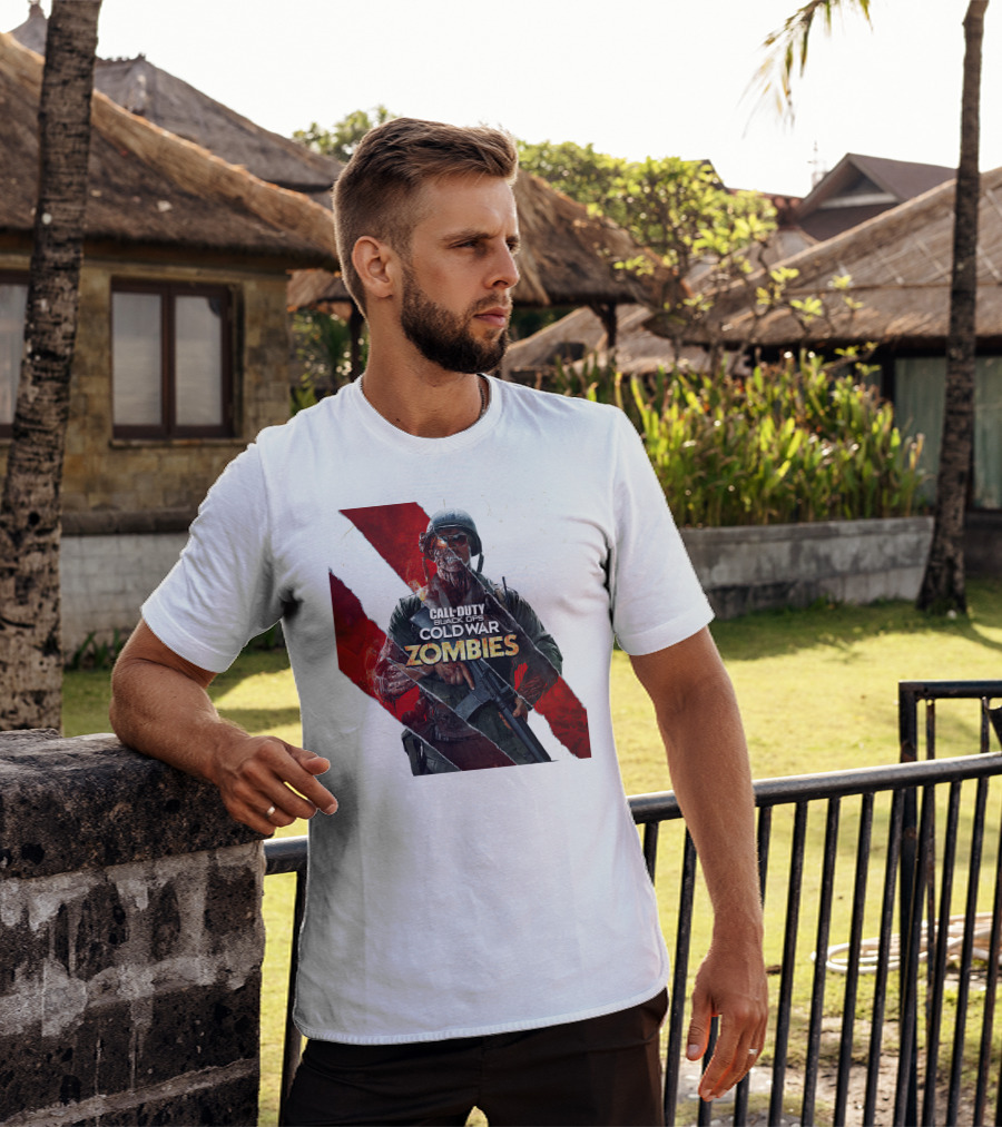 Call Of Duty Black Ops Cold War Zombies Soldier With Gun And Red Torn Stripes T-Shirt