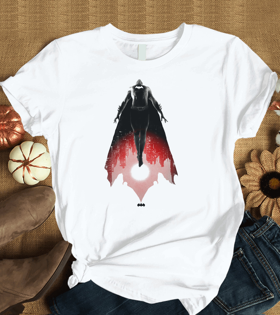 Batman Rising Over Gotham City Silhouette Red and Black T-Shirt