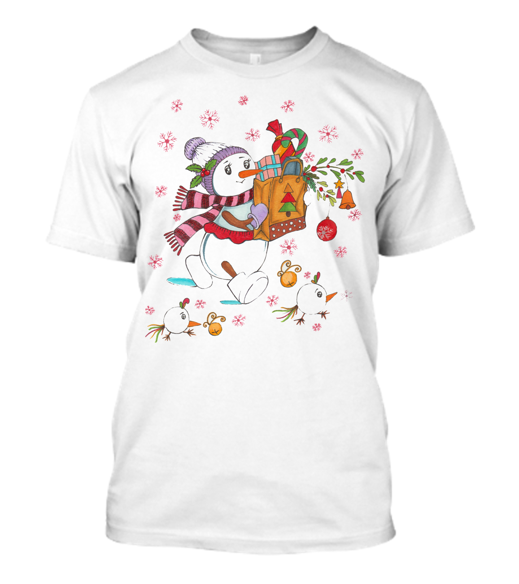 Festive Snowman With Gift Bag And Holiday Decorations T-Shirt