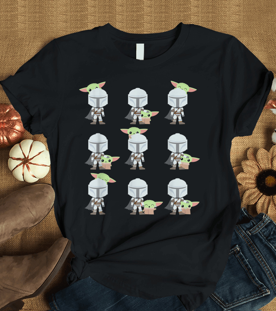 Star Wars The Mandalorian Baby Yoda Expressions Multiple Poses with Helmeted Hero T-Shirt