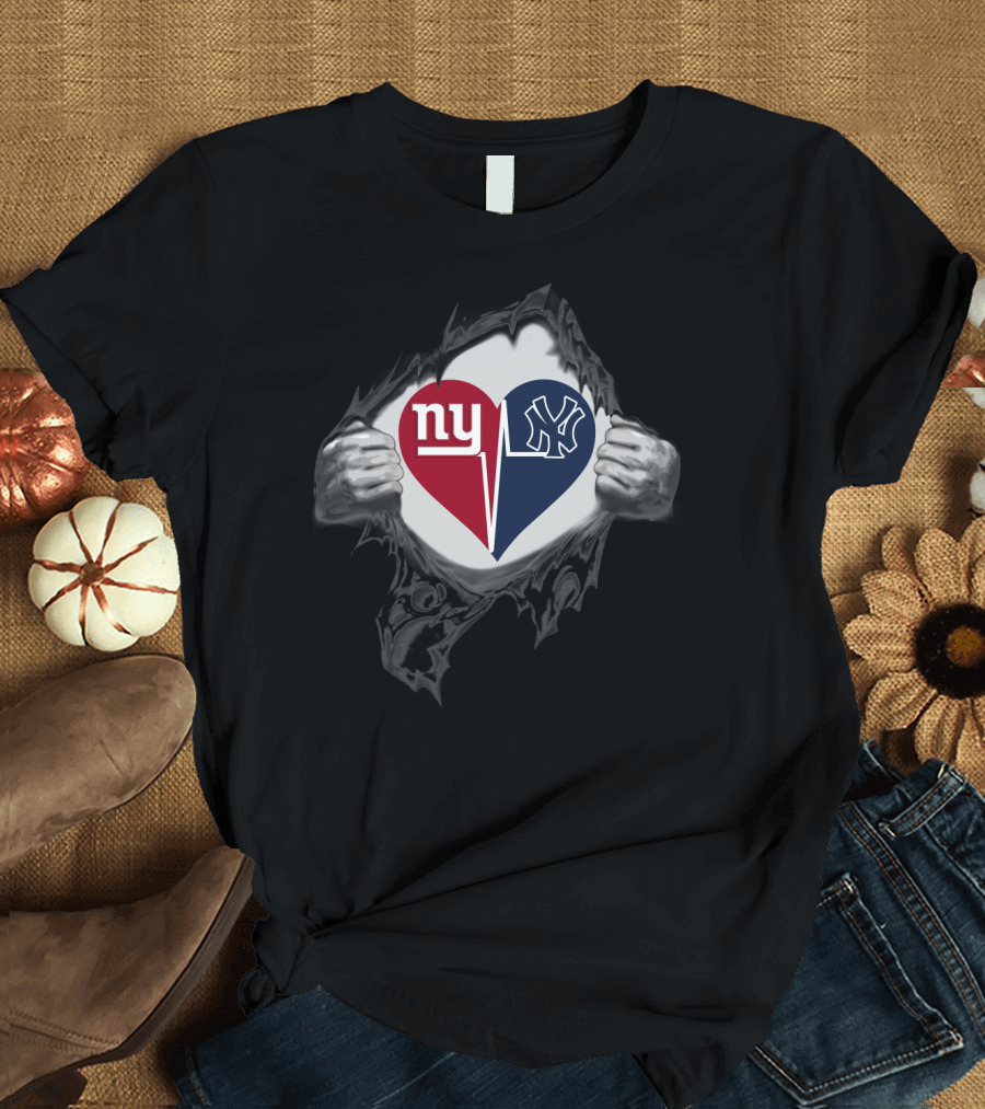 New York Giants And Yankees Heartbeat Fusion T-Shirt