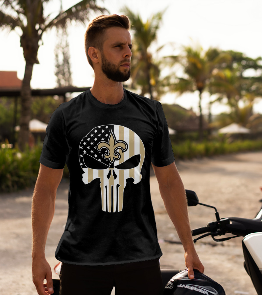 Saints Punisher Skull American Flag Fleur-De-Lis T-Shirt