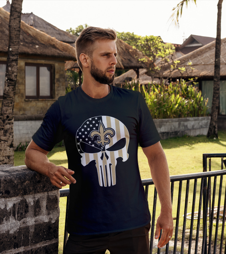 Saints Punisher Skull American Flag Fleur-De-Lis T-Shirt