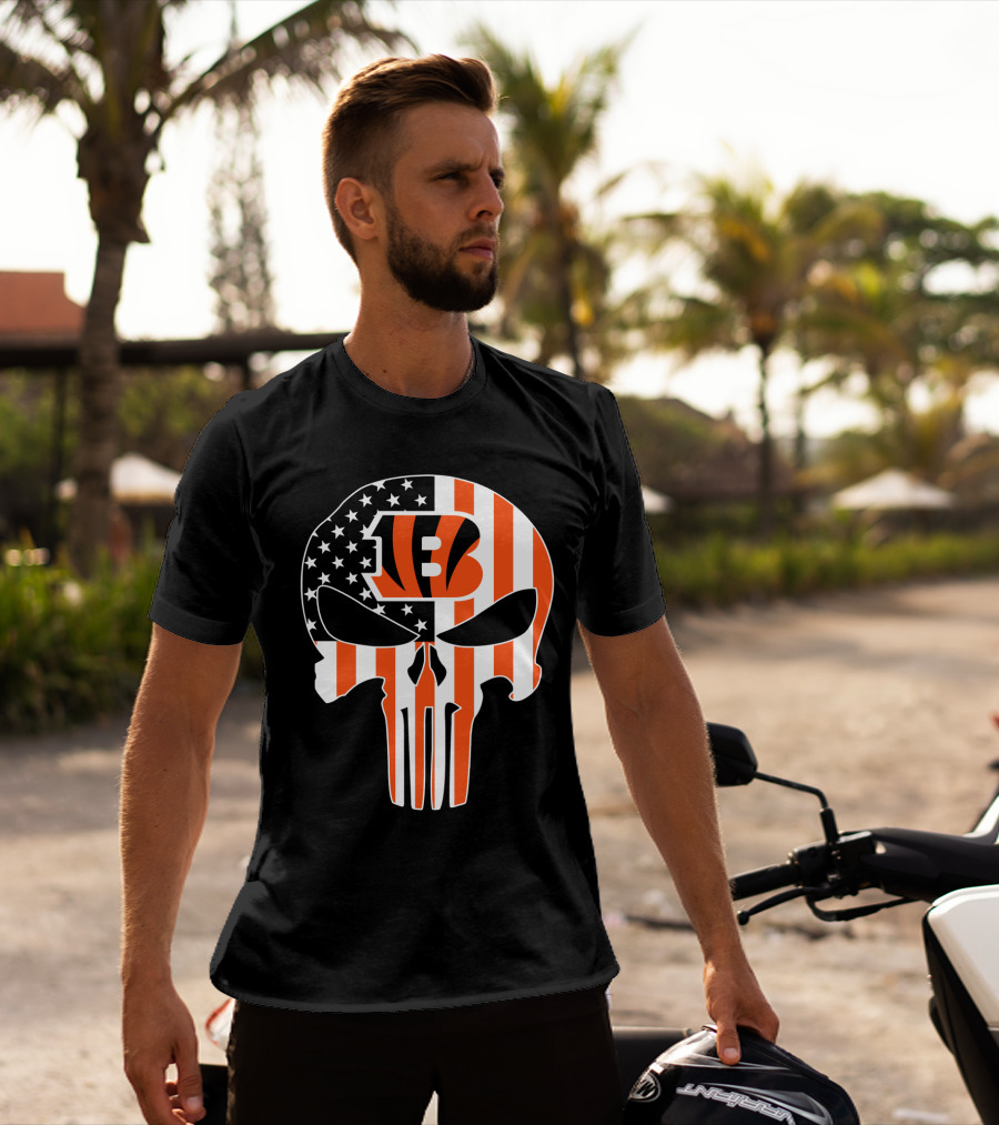 Bengals Skull American Flag Stripes T-Shirt