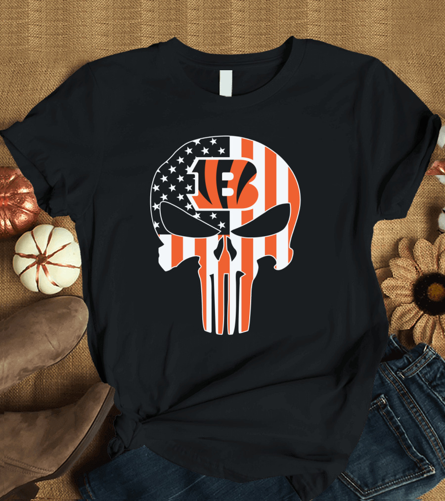 Bengals Skull American Flag Stripes T-Shirt
