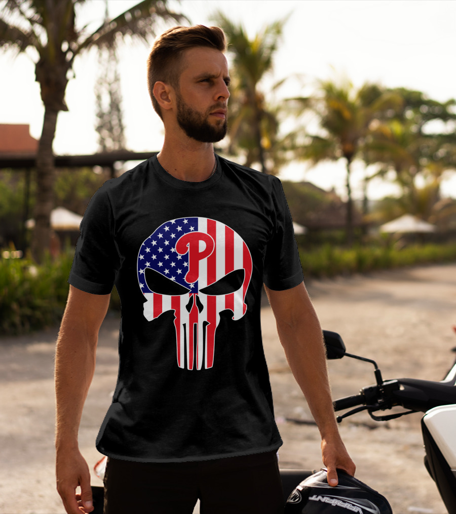 Phillies American Flag Punisher Style Skull T-Shirt