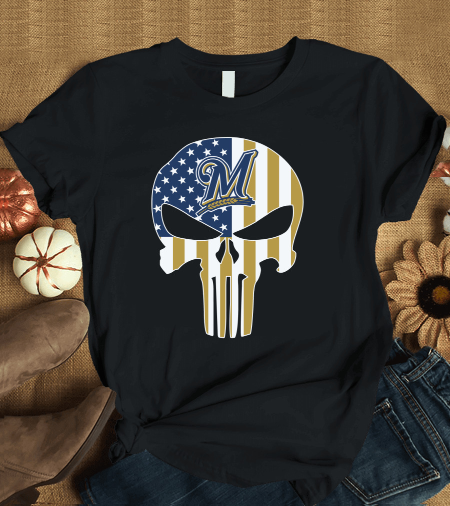 Milwaukee Brewers American Flag Skull T-Shirt