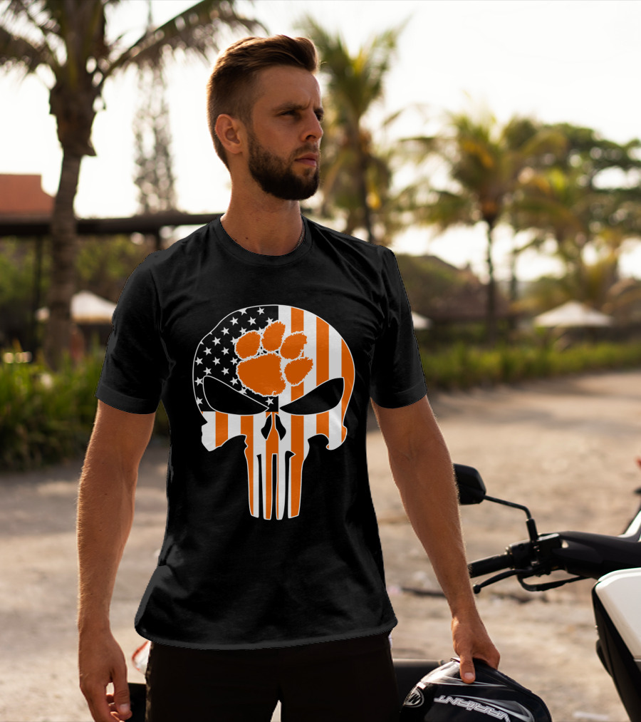 Clemson Tigers Paw Skull American Flag T-Shirt
