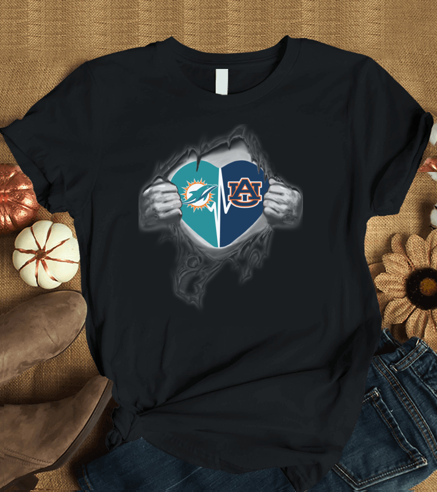 Miami Dolphins Auburn Tigers Heart T-Shirt