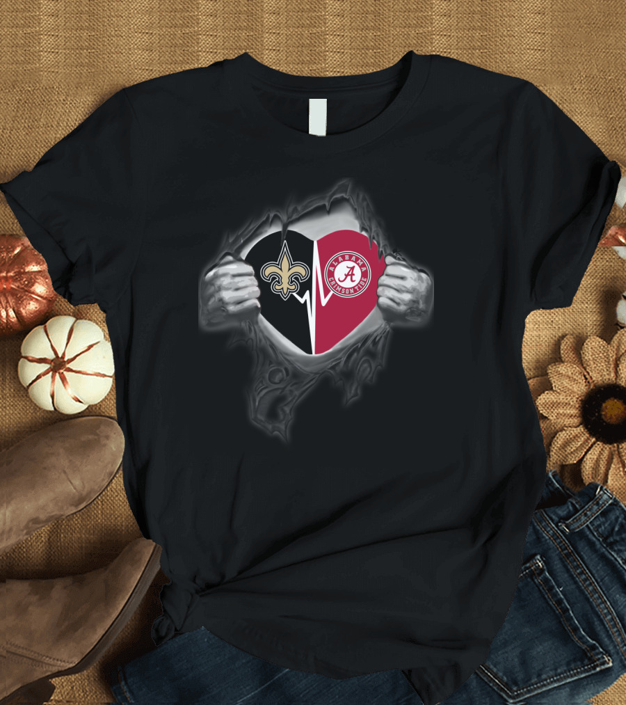 Saints And Alabama Crimson Tide Heart Torn Open T-Shirt