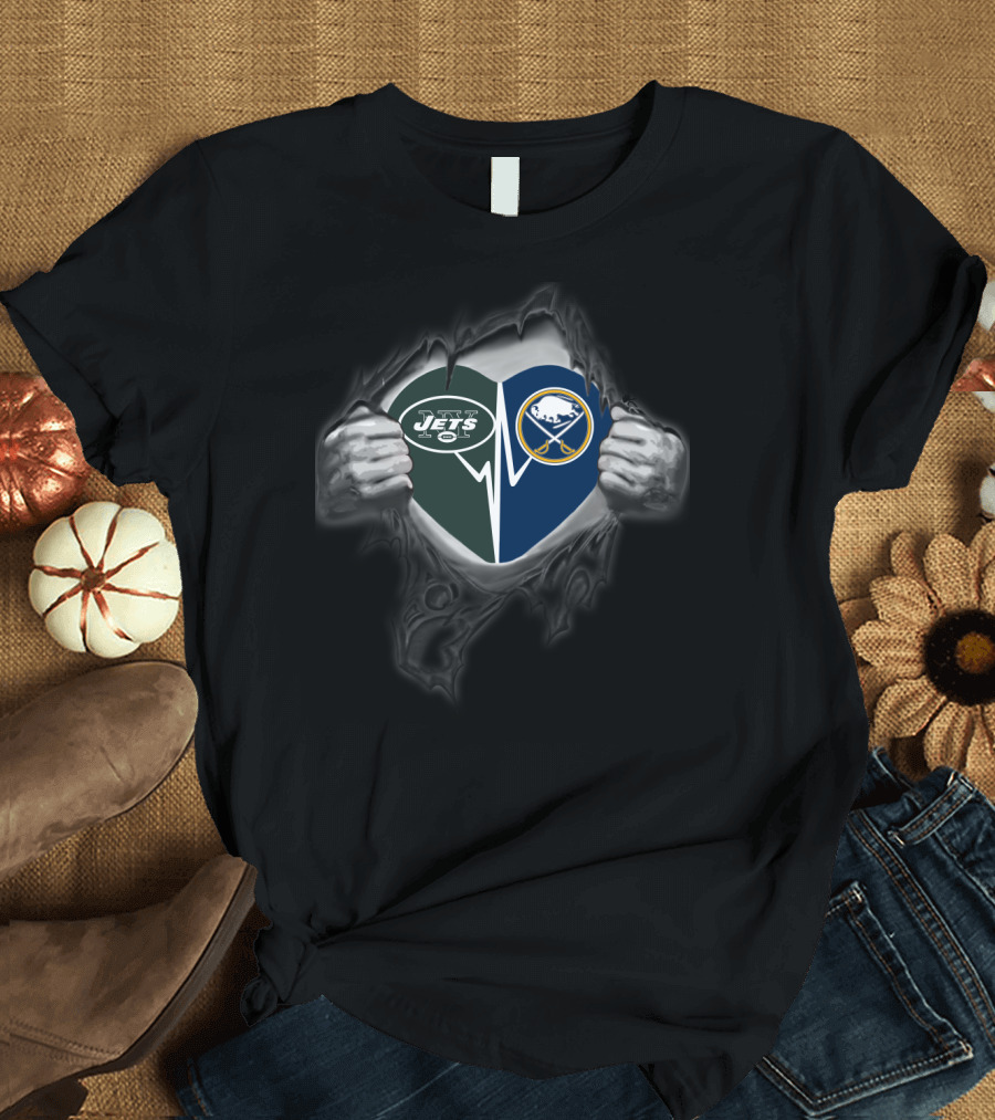 New York Jets Buffalo Sabres Heart Design Nfl Nhl Crossover T-Shirt