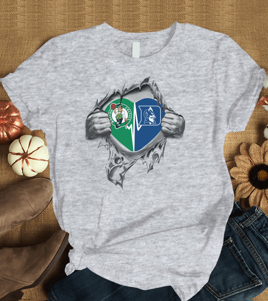 Boston Celtics And Duke Blue Devils Heart Ripped T-Shirt