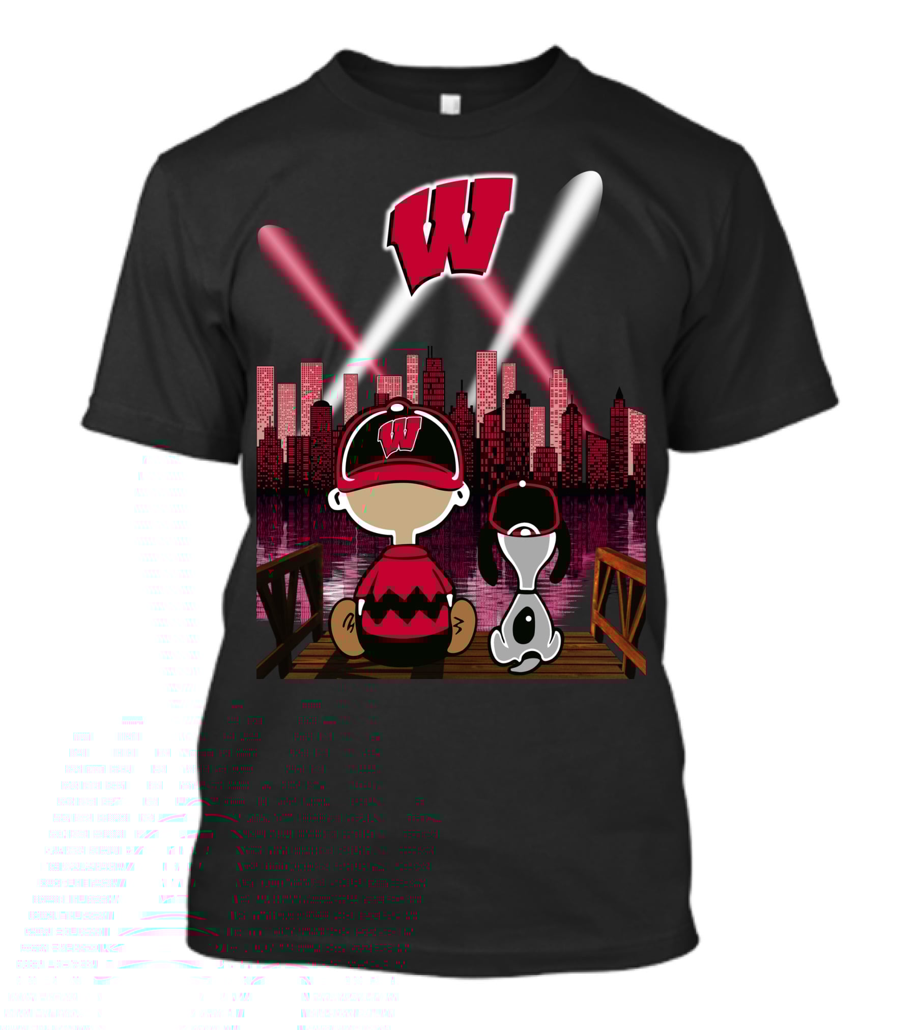 Wisconsin Badgers Night City Skyline With Cartoon Characters T-Shirt