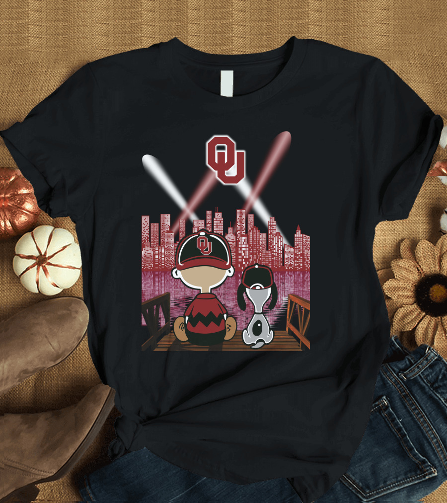 Ou Sooners Peanuts Characters With City Skyline At Night T-Shirt