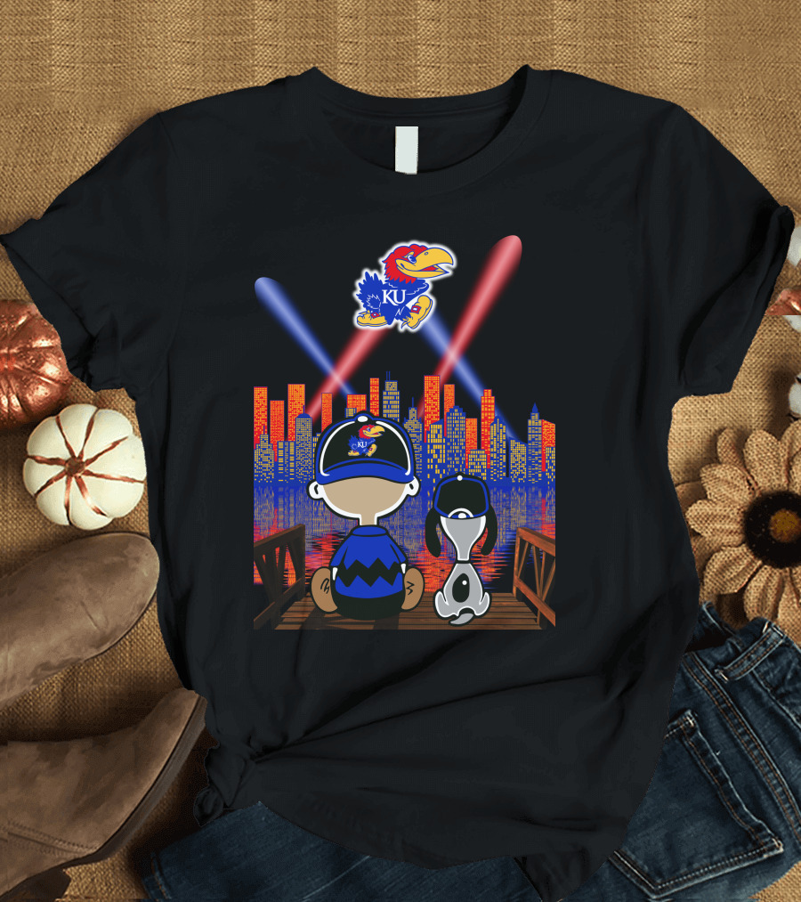 Kansas Jayhawks City Skyline Night Reflections With Mascot And Dog T-Shirt