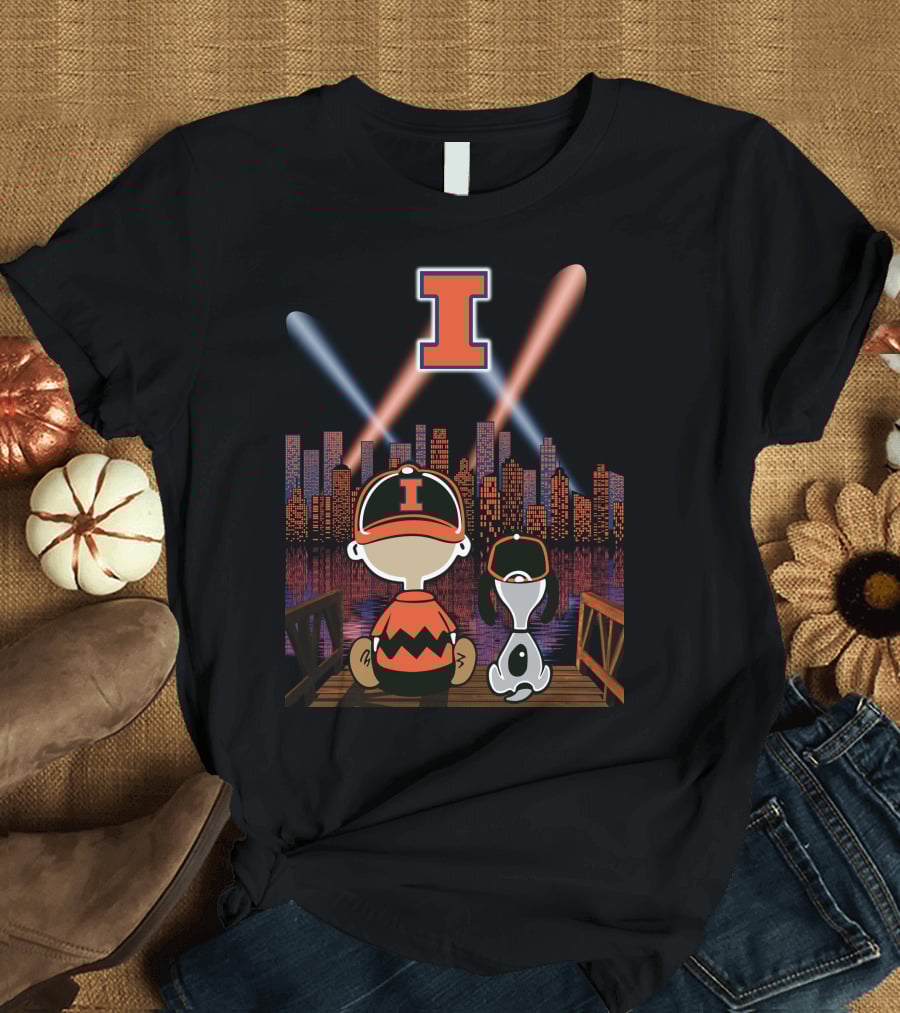 Illinois Fighting Illini Cityscape Nighttime Scene With Iconic Characters And Letter I T-Shirt