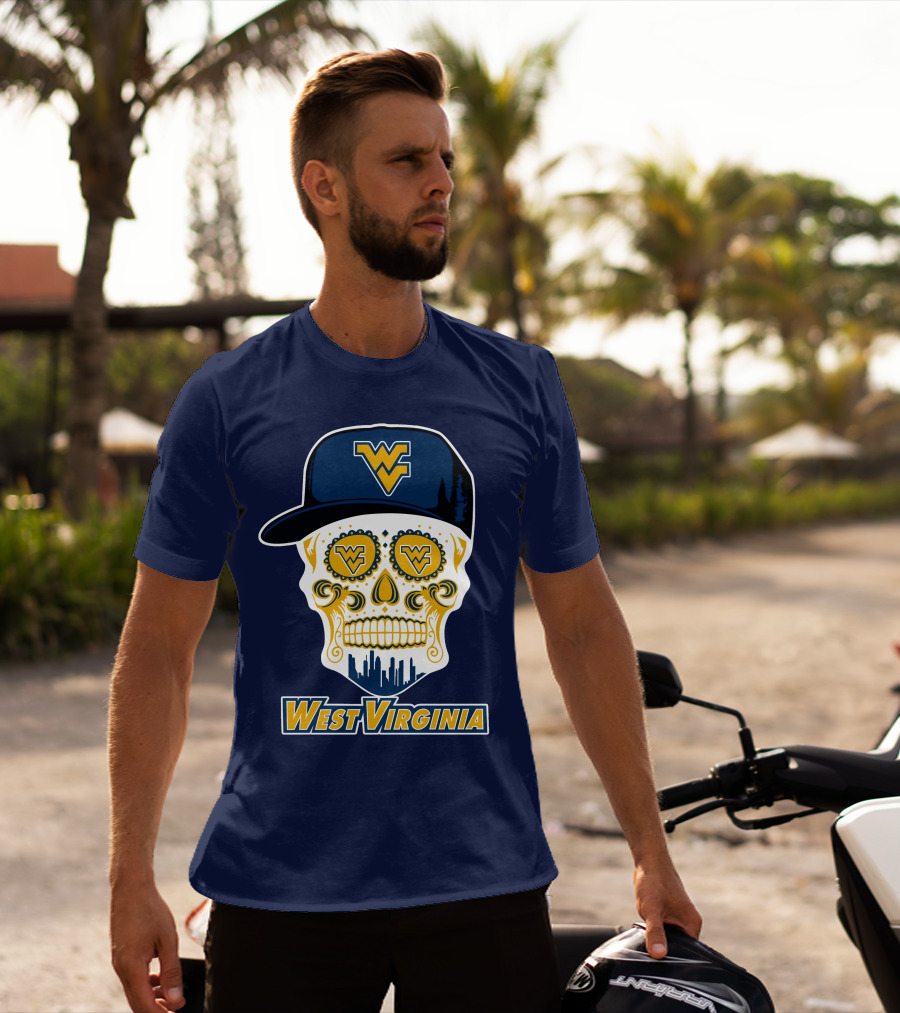 West Virginia Mountaineers Skull Design With Wv Cap And Skyline T-Shirt