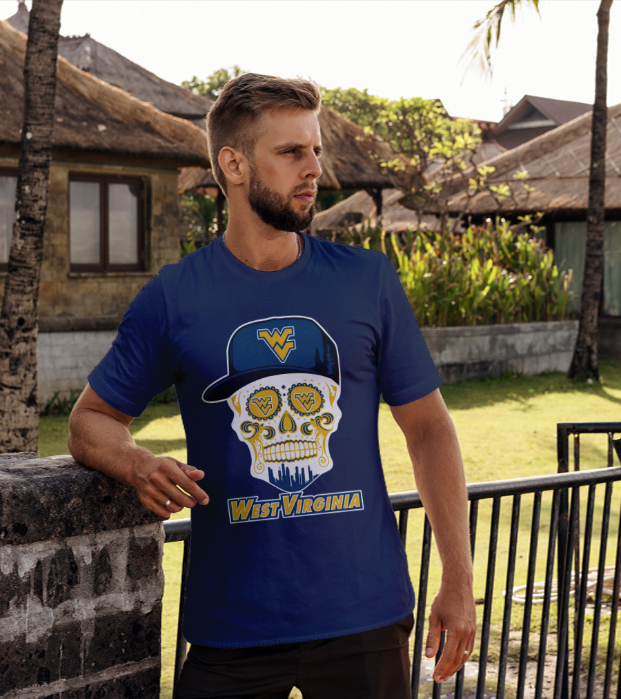 West Virginia Mountaineers Skull Design With Wv Cap And Skyline T-Shirt
