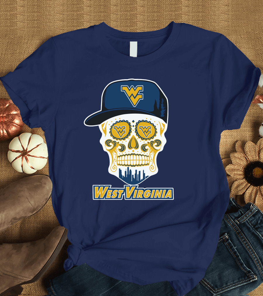 West Virginia Mountaineers Skull Design With Wv Cap And Skyline T-Shirt