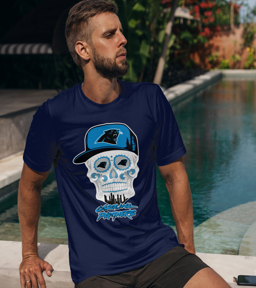 Carolina Panthers Skull Design With Panther Eyes And Cap T-Shirt