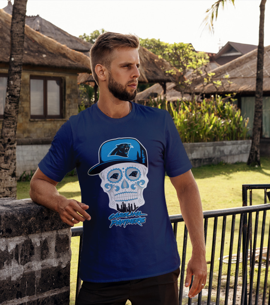 Carolina Panthers Skull Design With Panther Eyes And Cap T-Shirt